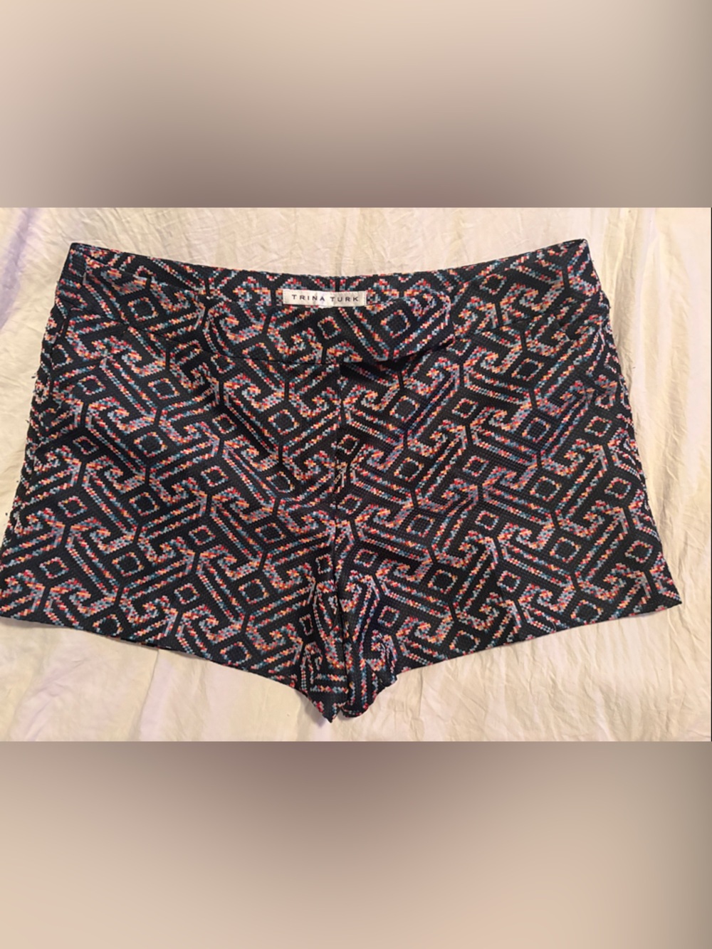 Trina Turk Black  with Coral Pink and Teal Blue Geometric Print shorts 12